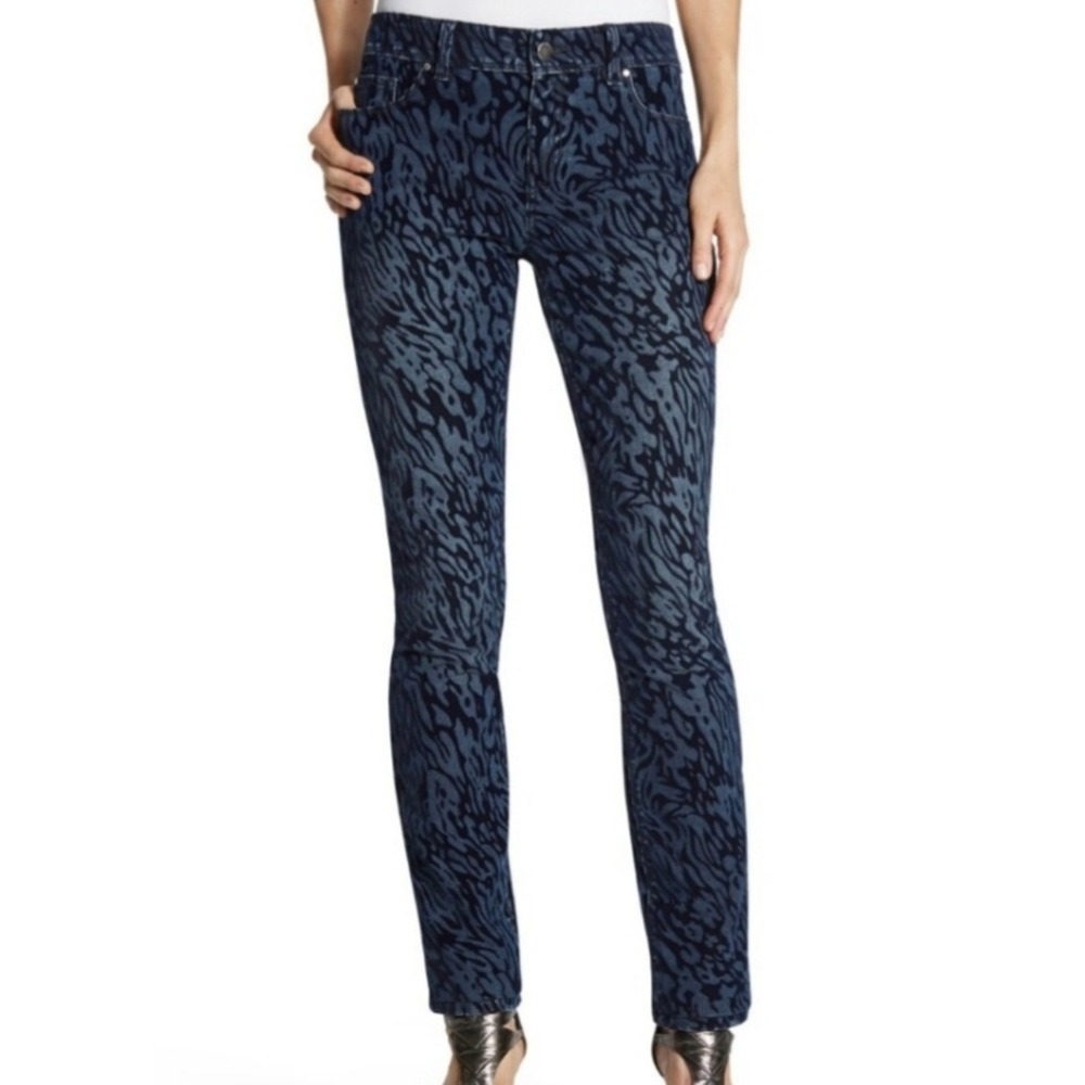Chicos Platinum Flocked Cheetah Jegging Jeans Bay Harbor Blue Size 2 12 Animal